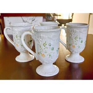 4 Vintage Mikasa Antique Countryside Pear Butterfly Bird Footed Pedestal Mugs